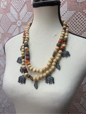 Boho Wood Bead Elephant Charm Necklace Double Strand